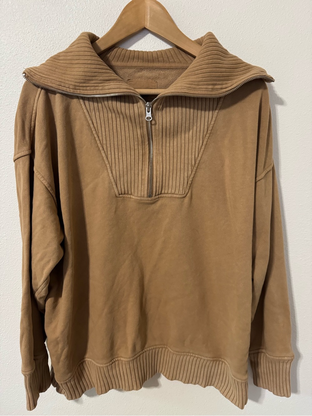 Aerie Down-To-Earth Quarter Zip Sweatshirt Cappuccino Oversized Shawl Collar-M